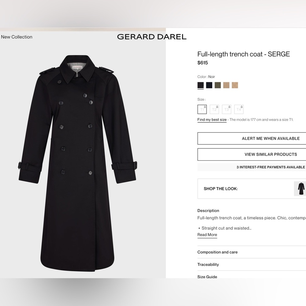 Gerard Darel Noir Double-Breasted Trench Coat